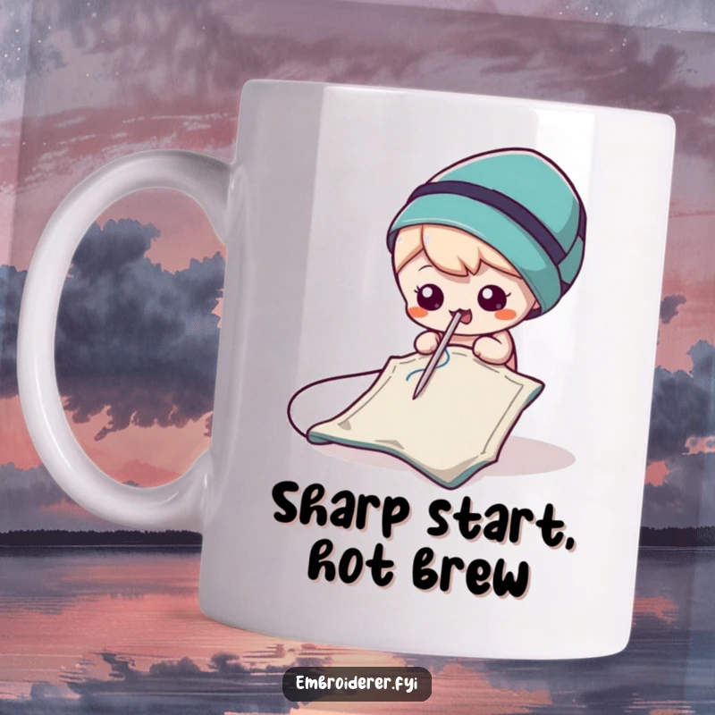 Funny Needle Mug showing a tiny, mischievous needle playfully poking a colorful scrap of fabric, radiating sewing fun.