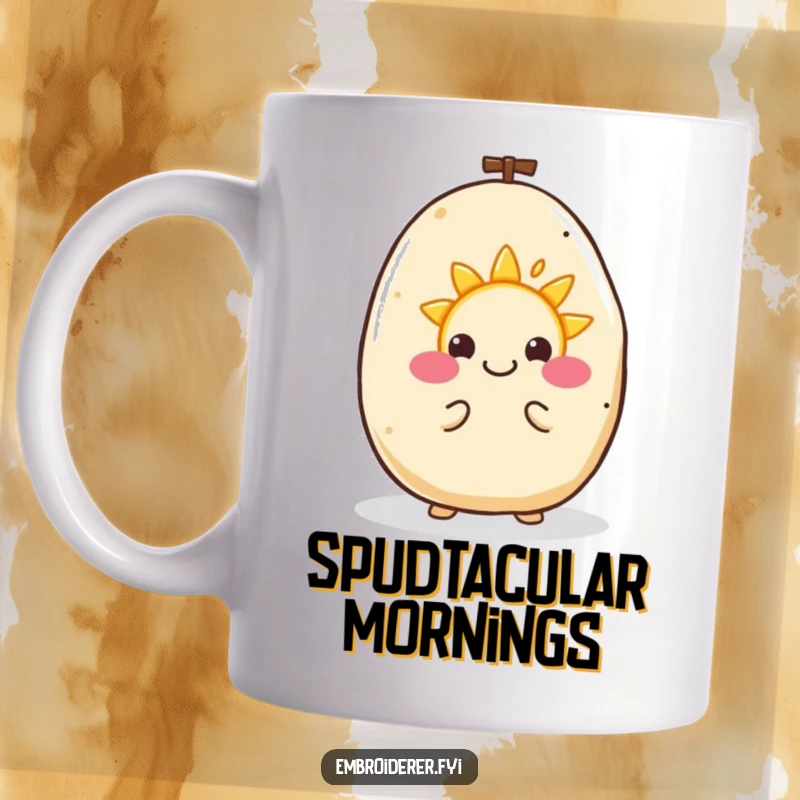 Funny mug showing a happy potato enthusiastically embroidering a tiny, smiling sun with colorful thread.