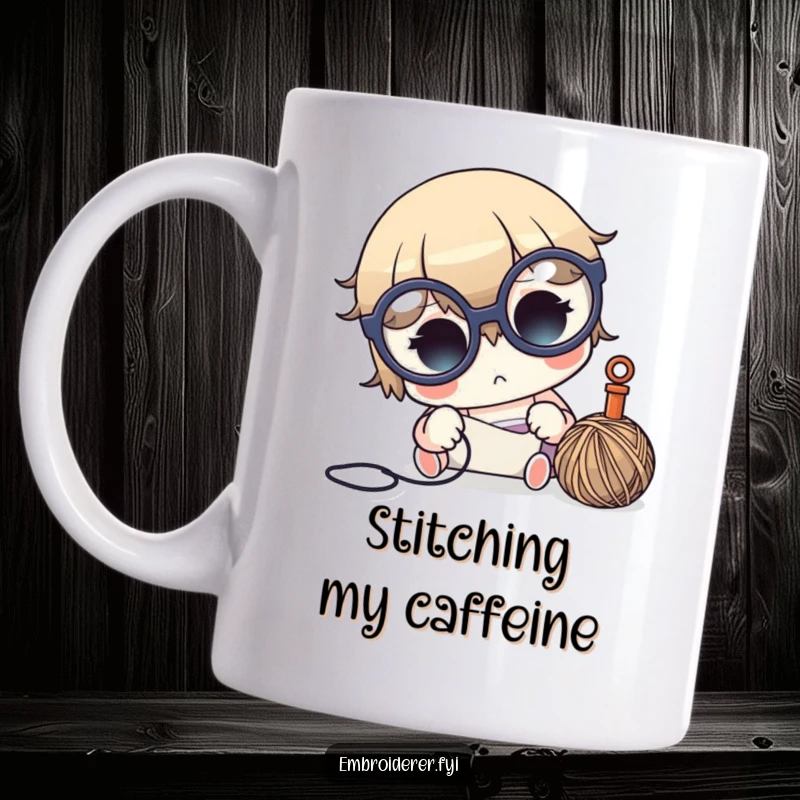 Funny crafter mug featuring a cute character with big glasses, intensely concentrating on needle and thread, highlighting focus.