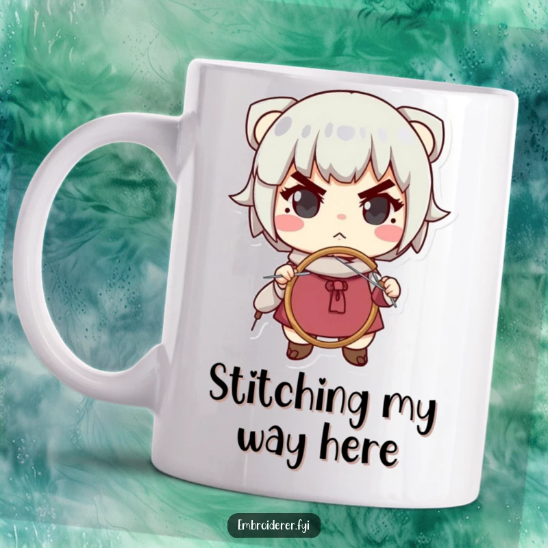 Funny mug featuring a determined character intensely focused on needlepoint with a hoop and needle, ready to conquer any craft project.