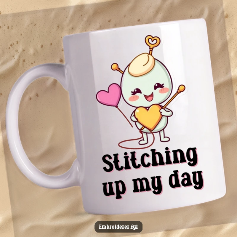 Funny anthropomorphic needle smiling while happily stitching a colorful heart, representing love and creativity, ideal for sewing mug enthusiasts.