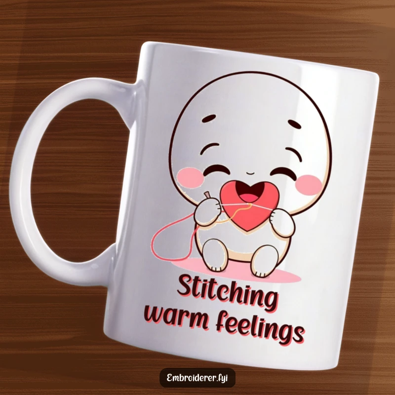 Funny smiling character using a needle and thread to stitch a red heart, looking cheerful on a mug.