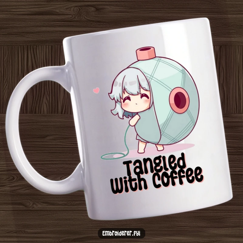 Funny Mug showing a character comically wrestling with an enormous spool of embroidery floss, a relatable crafting struggle.