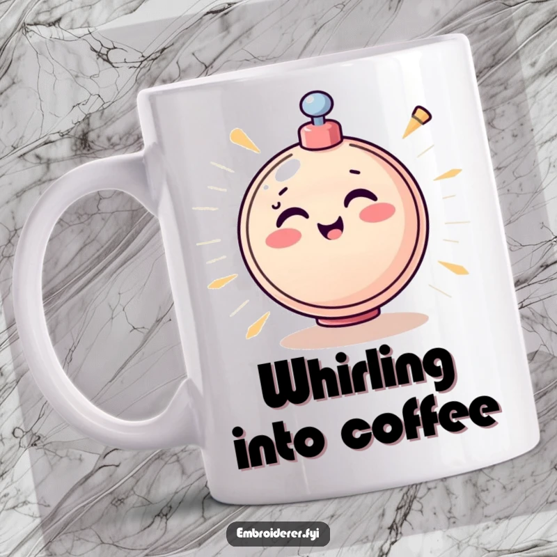 Funny Bobbin Mug showing a happy bobbin spinning rapidly, radiating pure excitement and sewing enthusiasm.