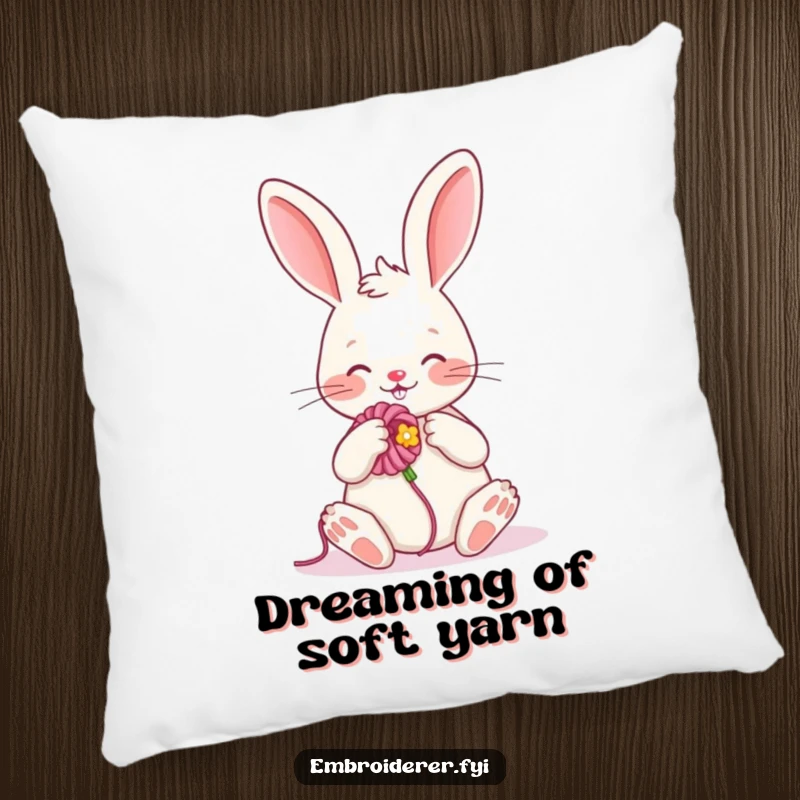 Funny pillow with a cheerful rabbit embroidering a flower, offering comfort and a humorous touch of crafty delight.