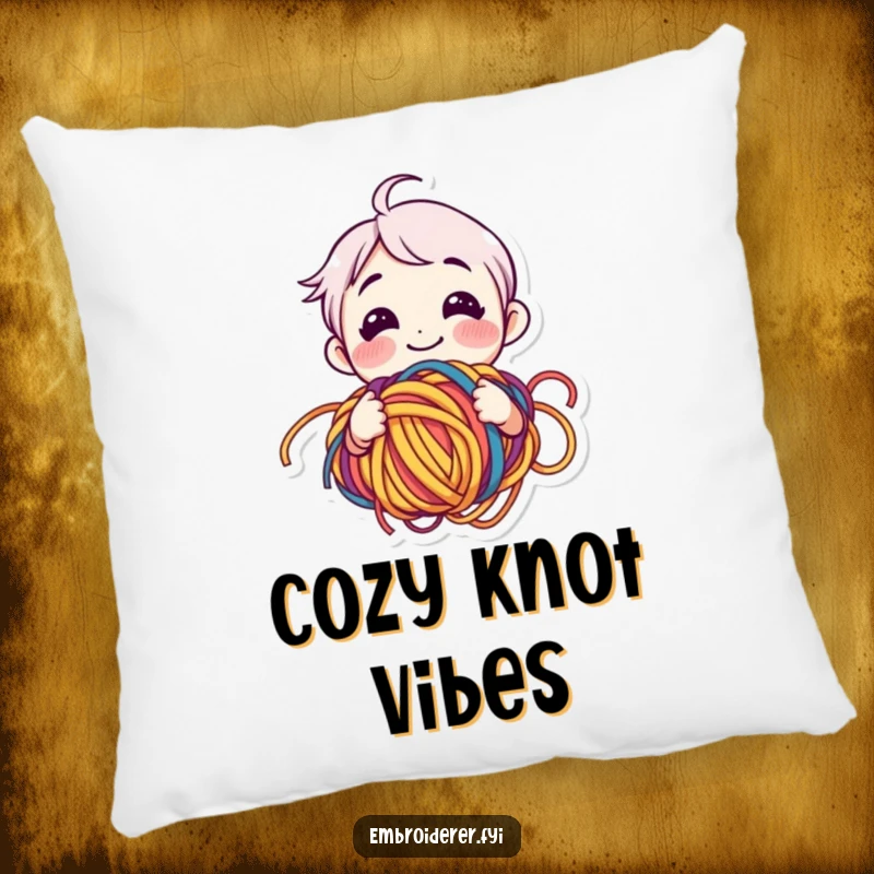 Funny yarn lover pillow with a smiling character happily bewildered by tangled colorful yarn, perfect for cozy accents.