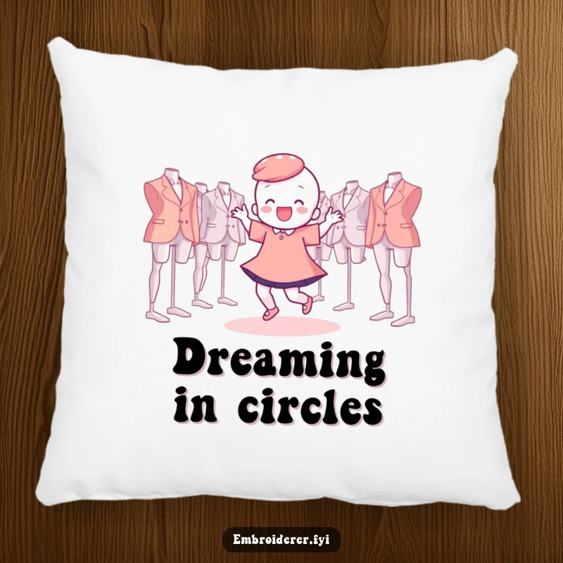 Funny Pillow showcasing a character dancing happily with embroidery hoops floating around, a humorous and cozy decor item.