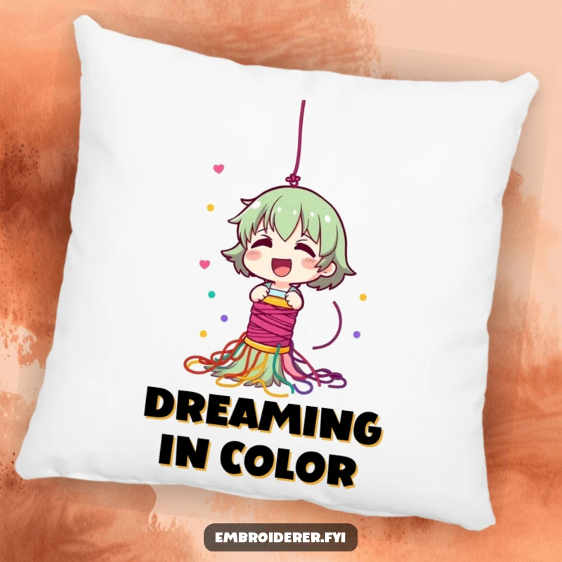 Funny pillow featuring a giggling character dropping a spool of thread, creating a colorful and lively cascade of yarn.