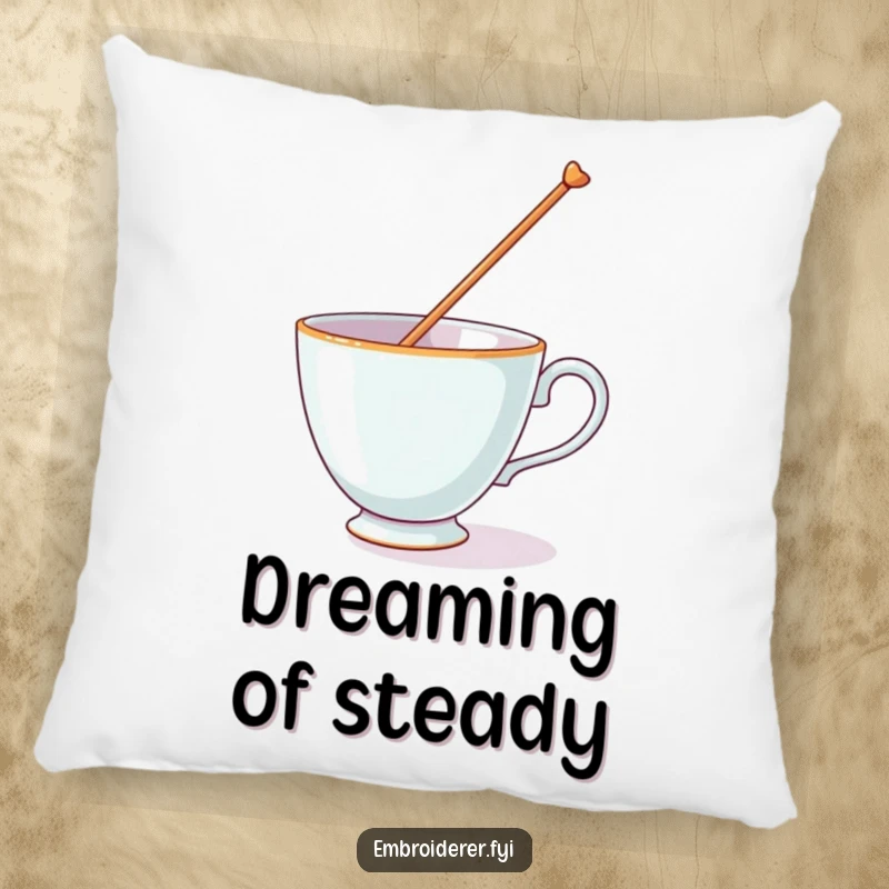 Funny pillow showcasing a teacup's comical struggle to balance a giant needle, a soft and humorous decorative item.