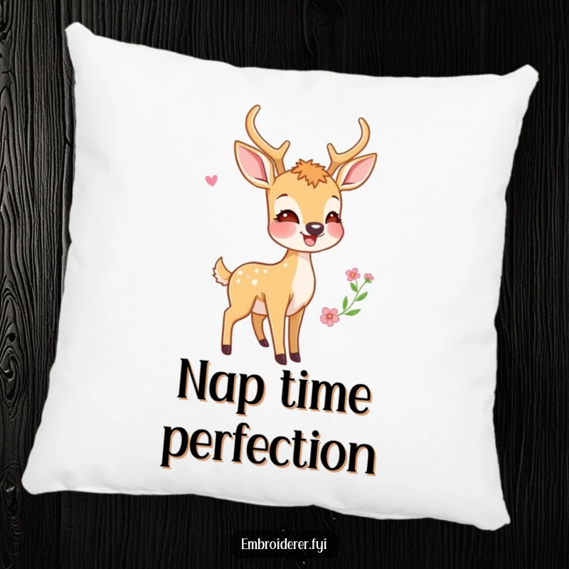 Funny pillow with a plush, happy deer admiring a vibrantly stitched embroidery design, adding a cozy and humorous vibe.