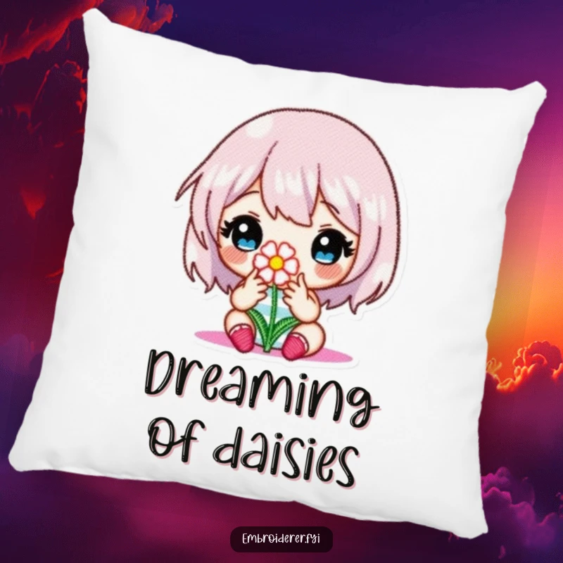 Funny pillow with a character intently embroidering a small flower, embodying calm focus and crafting elegance.