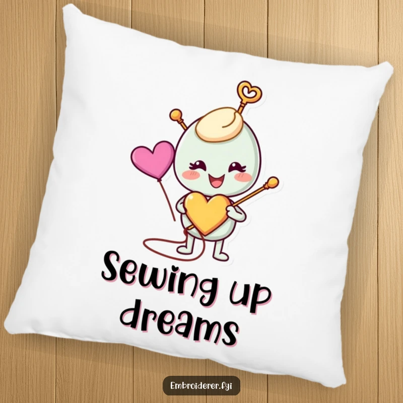 Funny anthropomorphic needle stitching a colorful heart on a plush pillow, bringing handmade warmth and comfort, ideal for funny pillow lovers.