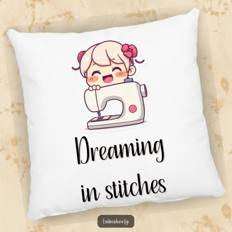 Funny Pillow: Joyful character happily operating a sewing machine, adding a soft touch of crafting cheer to any space.