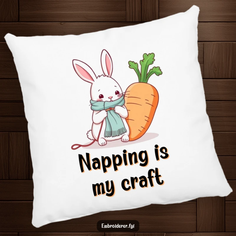 Funny pillow featuring a rabbit knitting a scarf for a giant carrot, providing comfort and whimsical decor.