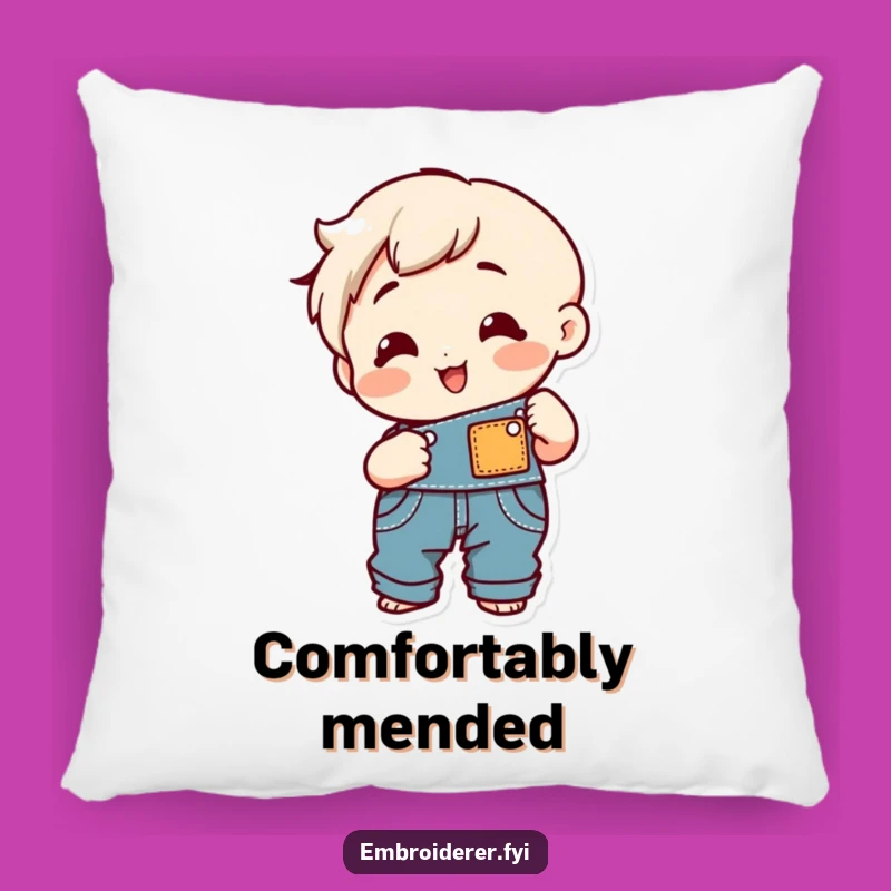 Funny Sewing Overalls Pillow: Cheerful Patch Maker Accent Cushion Gift