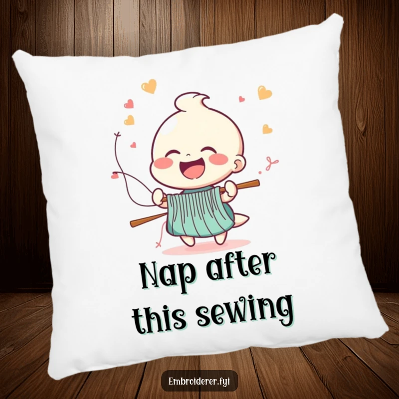 Funny pillow featuring a cheerful laughing figure with stitches flying from a needle at high speed, offering cozy humor for crafters.