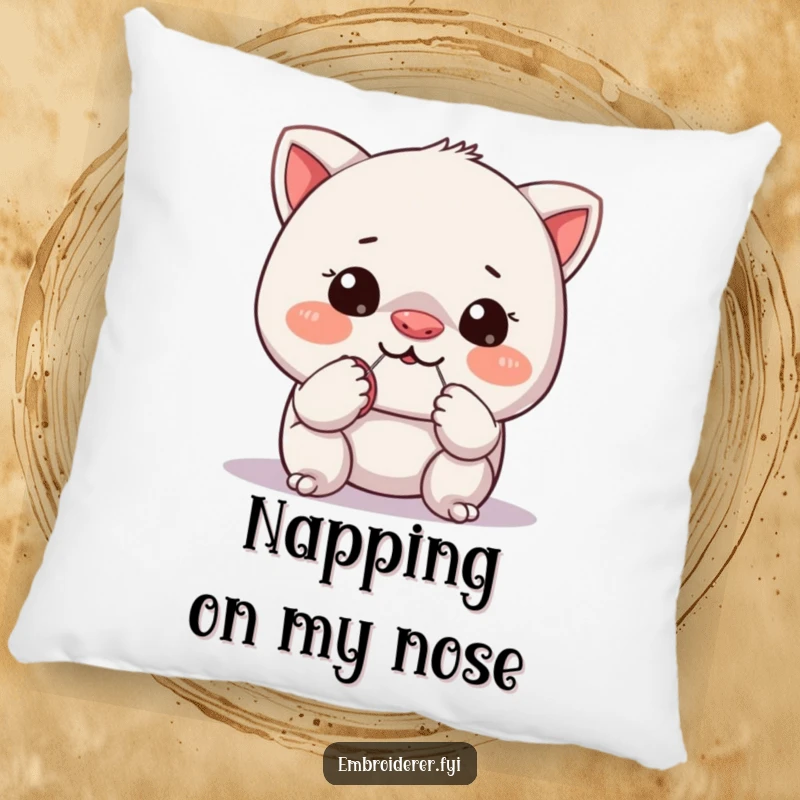 Funny pillow featuring a mischievous character trying to sew a tiny button onto its own nose, a humorous representation of sewing.