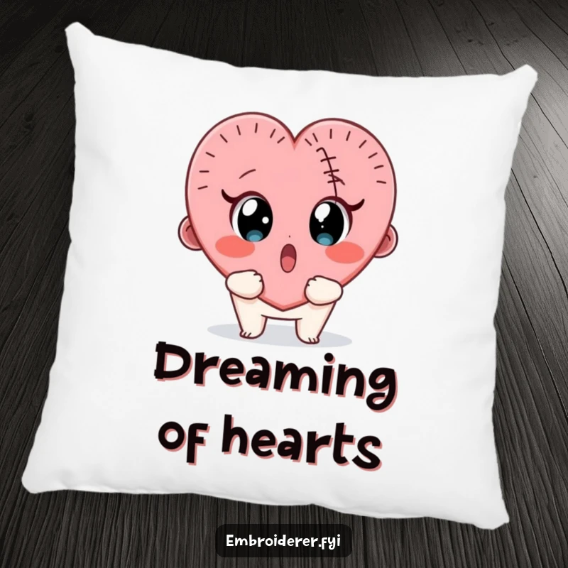 Funny pillow showcasing a surprised character looking wide-eyed at a wobbly, half-finished stitched heart.