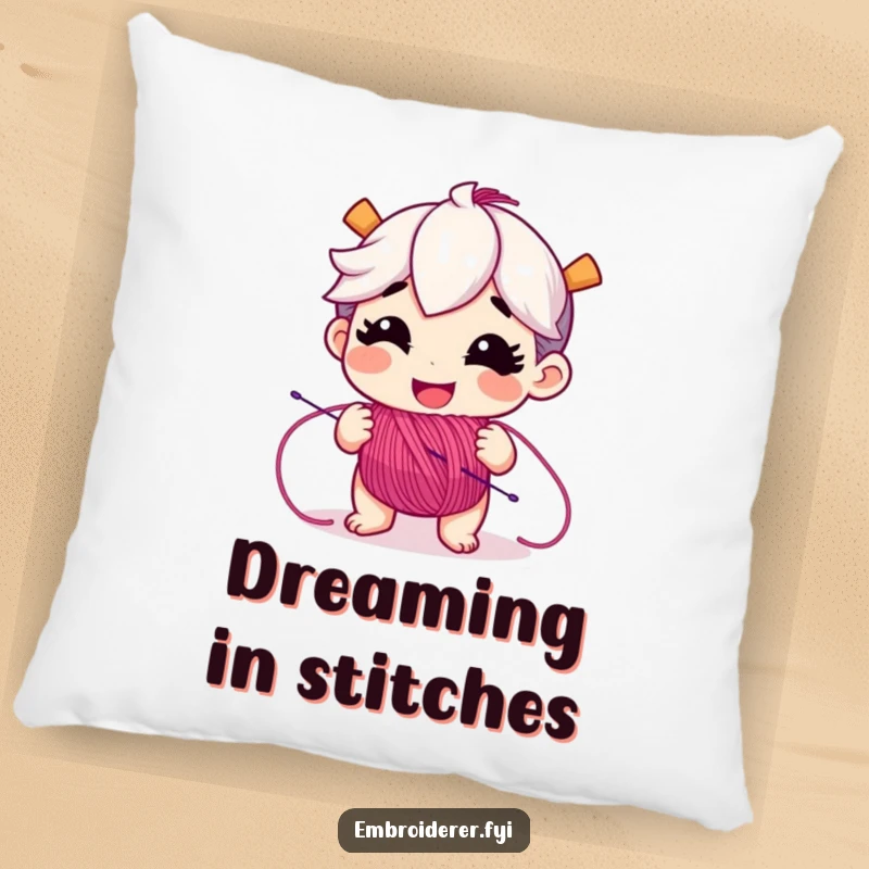 Funny pillow featuring a gleeful character unspooling a vibrant tangle of embroidery floss, adding a touch of whimsical fun.