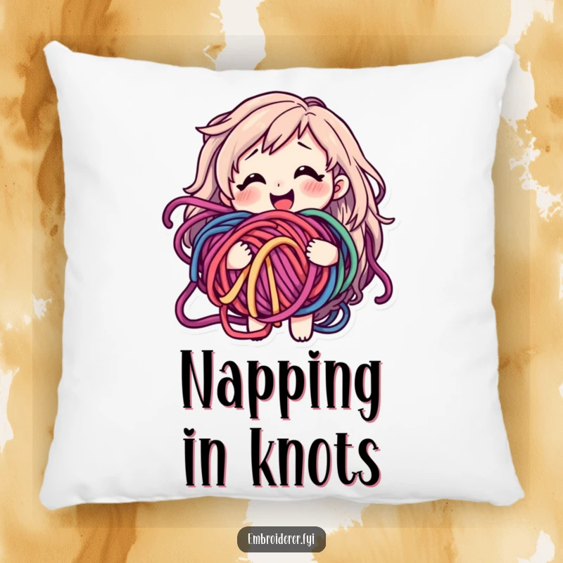 Funny pillow with a smiling character looking happy and bewildered holding a tangled ball of colorful yarn.