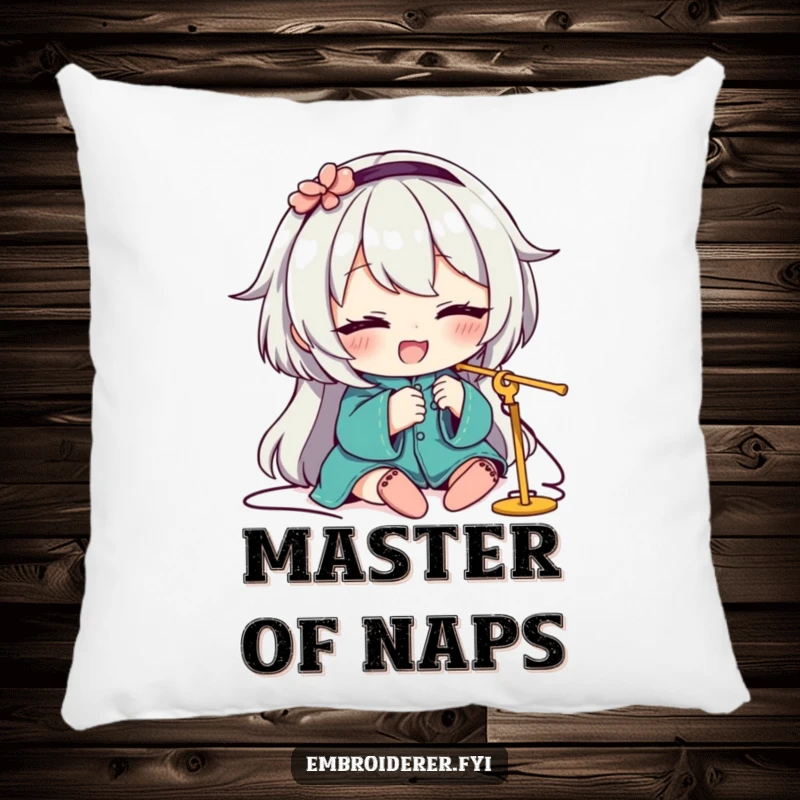 Funny Pillow showcasing a character winking with a smile while threading a needle, a humorous and cozy decor item.