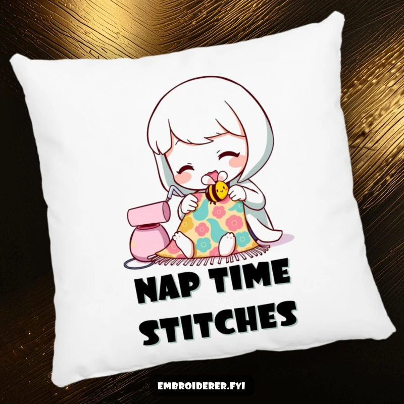 Funny pillow with a character sewing a tiny, smiling bee, offering comfort and a humorous touch to any cozy space.