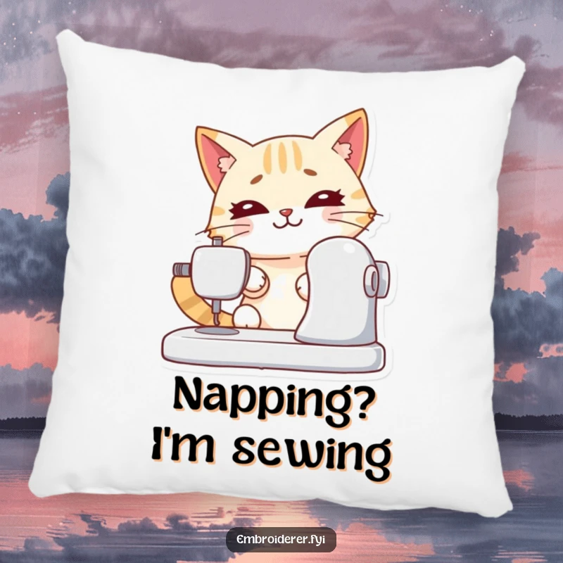Funny pillow with a determined cat sewing, offering comfort and a humorous, crafty touch to any room.