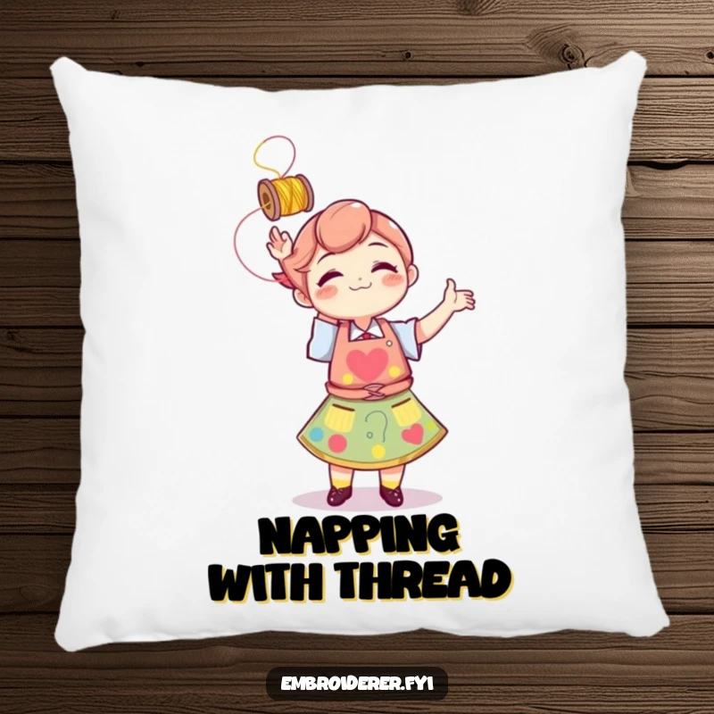 Funny character in an apron playfully tossing a spool of thread, featured on a soft pillow for cozy decor.