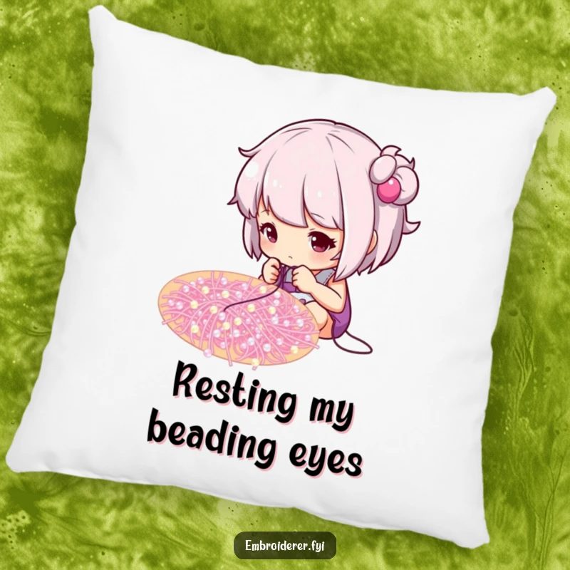 Funny pillow featuring a focused crafter working on a beaded design, offering comfort and artistic inspiration.