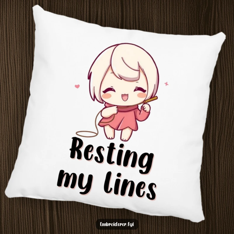 Funny pillow showcasing a playful character using needle and thread to draw a swirling, decorative line.