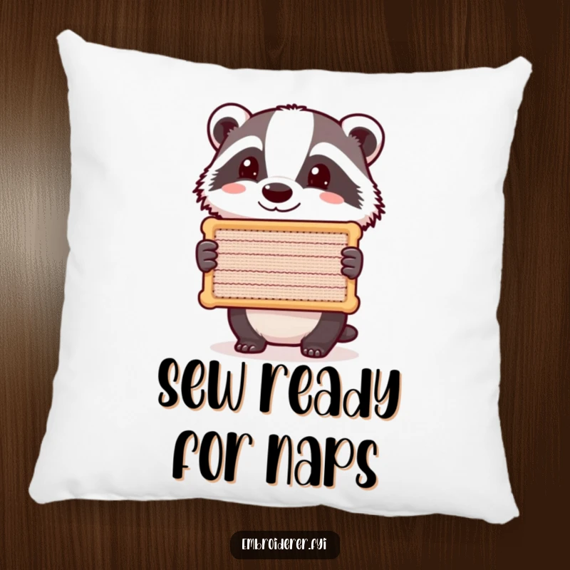 Funny Badger Stitch Pillow, a content badger holding a stitched item, soft and humorous decorative cushion.