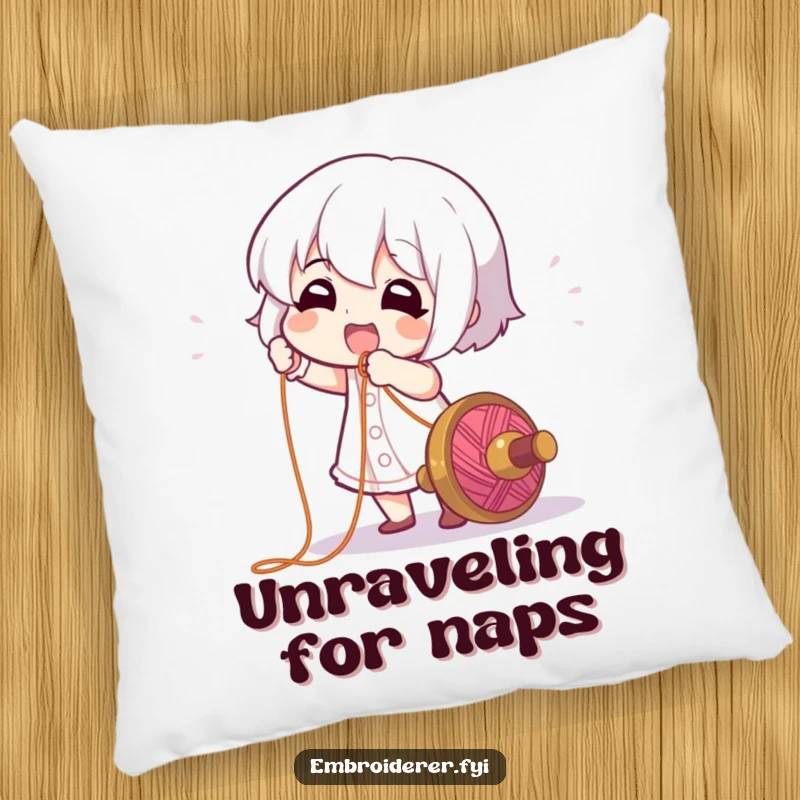 Funny Pillow: A character gleefully pulling a long, colorful thread from a spool, soft decor item for sewing enthusiasts.