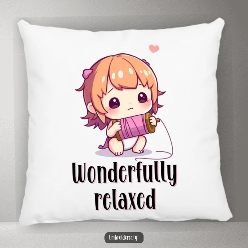 Funny pillow with a curious character examining a spool of thread with a sense of wonder, adding a whimsical touch.