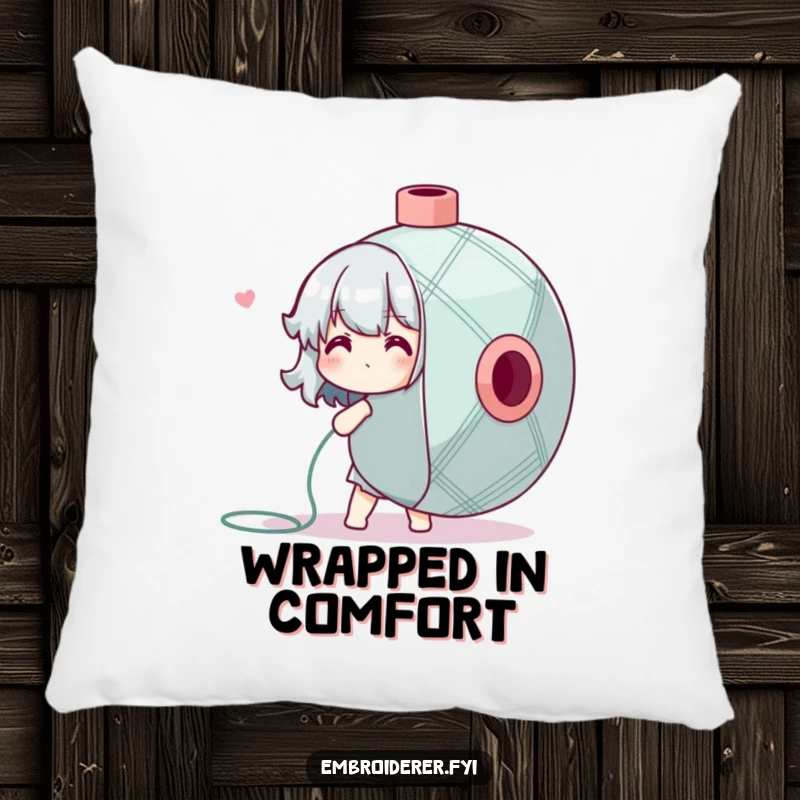 Funny Pillow featuring a character adorably struggling with a giant spool of embroidery floss, a humorous and cozy item.