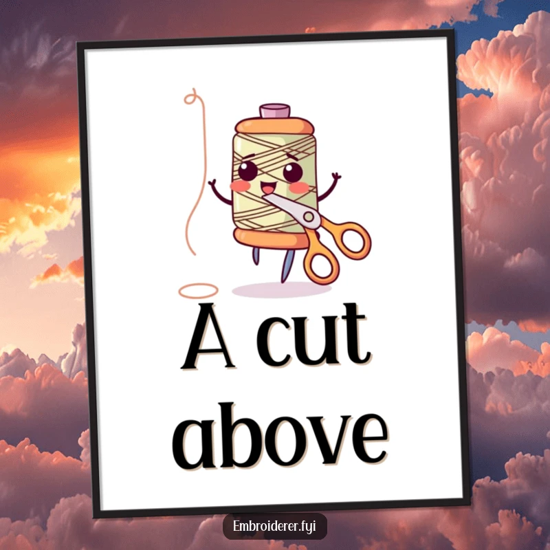 Funny anthropomorphic thread spool giggling and dancing with scissors, depicted in a digital art print, showcasing playful sewing with humorous appeal, perfect for funny art buyers.