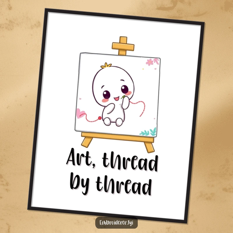 Funny digital art print of a character using a needle to create a wiggly thread line on a vibrant canvas, celebrating quirky creativity.