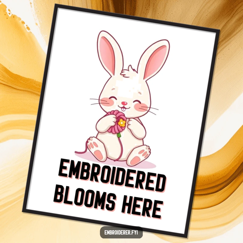 Funny digital art print of a cheerful rabbit happily embroidering a flower, perfect for framing and adding craft humor.