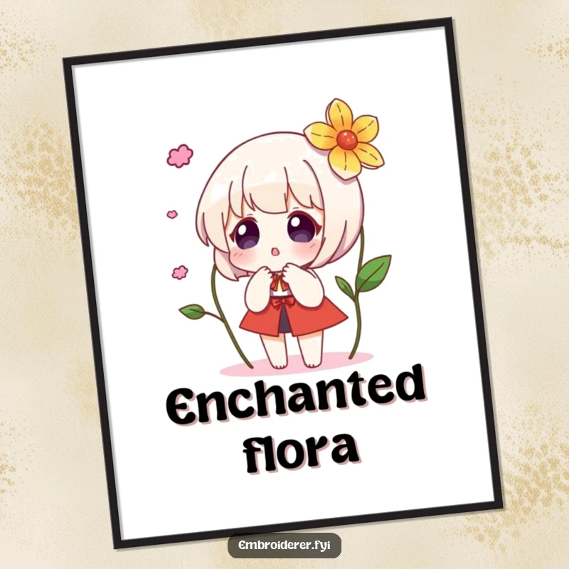 Funny digital art print depicting a character’s surprised wonder as an embroidered flower magically appears, creating a whimsical atmosphere.