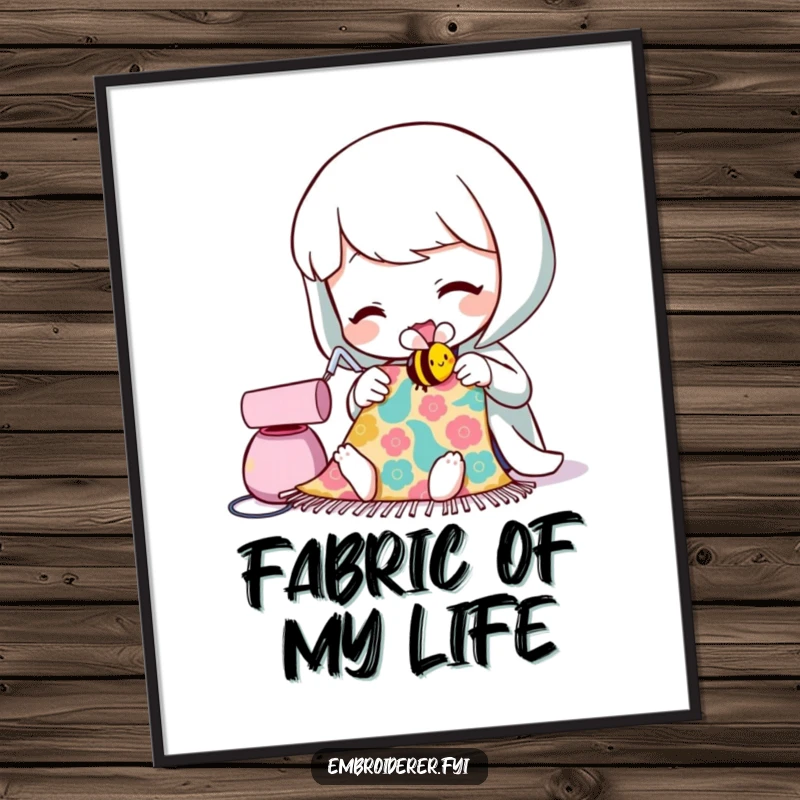 Funny digital art print of a character sewing a tiny, smiling bee onto fabric, capturing the essence of creative humor.