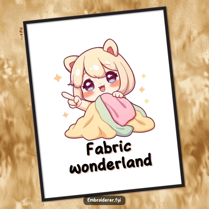 Funny digital art print of a character with sparkling eyes, excitedly pointing at a pile of fabric, perfect for inspiring sewing room decor.