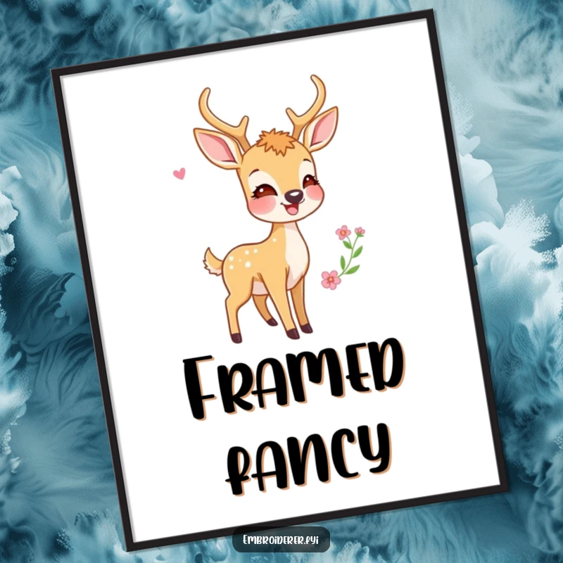 Funny digital art of a beaming deer holding an embroidery hoop, showing off his meticulously stitched, colorful creation with pride.