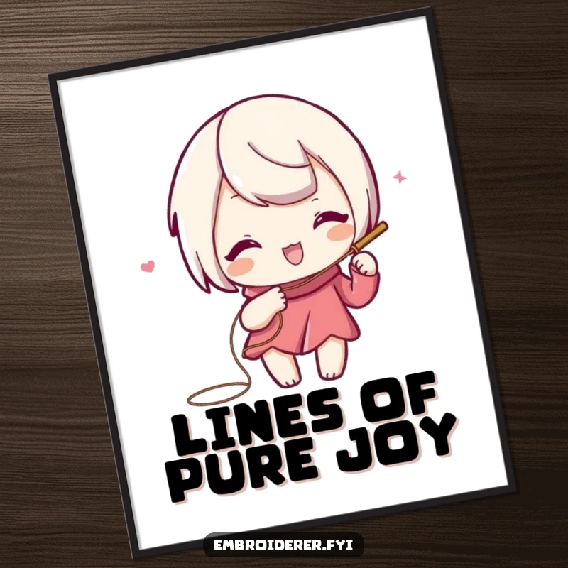 Funny digital art print of a playful character using needle and thread to draw a swirling, decorative line.