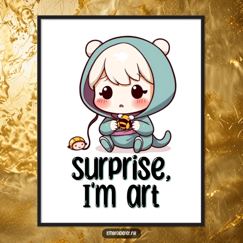 Funny Digital Art Print: Surprised character accidentally sewing a tiny, buzzing bee, a humorous craft image.