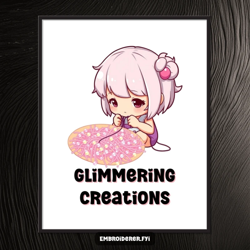 Funny digital art print of a focused crafter meticulously adding sparkling beads to a swirling pattern, instant download.