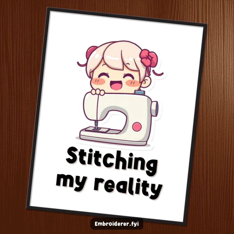 Funny Digital Art Print: Joyful character happily using a sewing machine, celebrating the art and fun of creation with artistic flair.