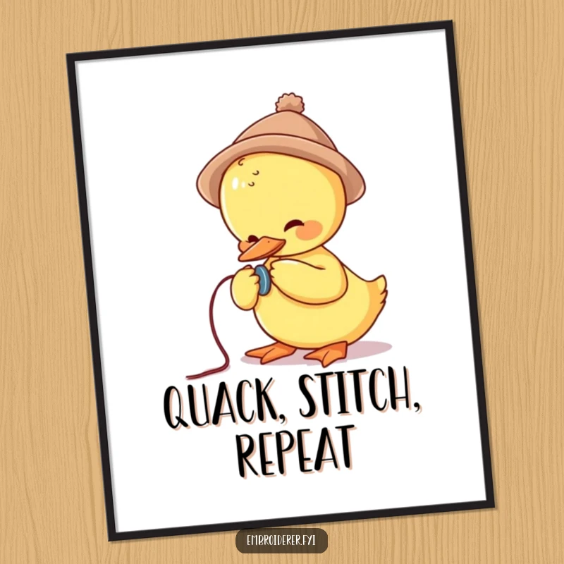 Funny digital art print of a cute duck in a small hat struggling to sew a button, ideal for whimsical wall decor.