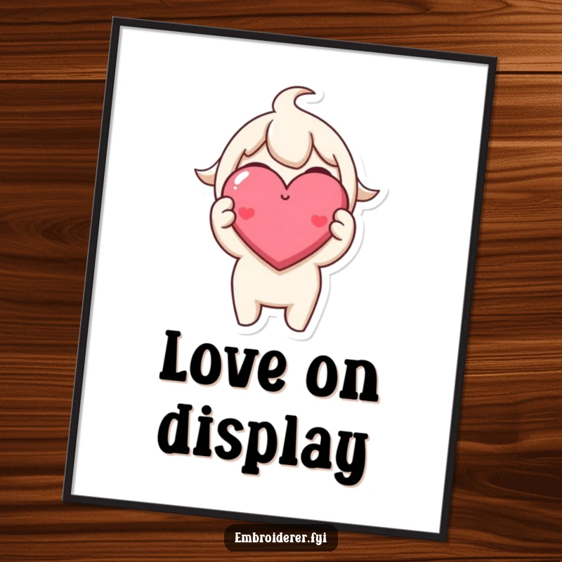 Funny Digital Art Print: A character beams, holding a small, perfectly stitched, smiling heart, capturing crafting joy.