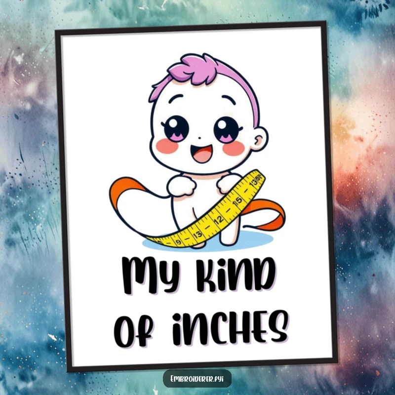 Funny digital art print of a happy character measuring fabric with a colorful tape measure, perfect for craft room decor.