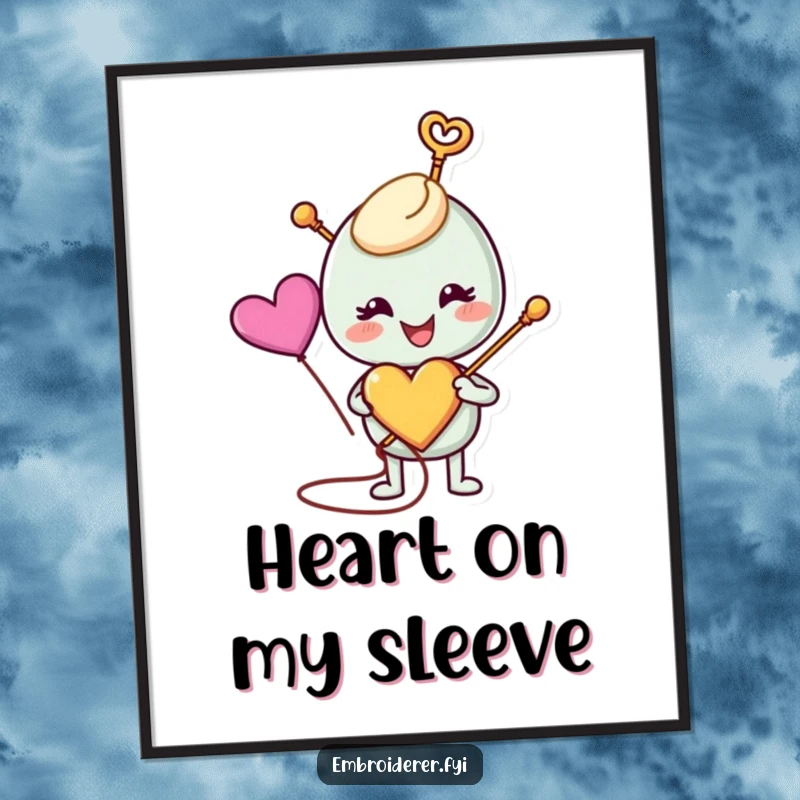 Funny anthropomorphic needle happily stitching a colorful heart, depicted in a digital art print, symbolizing love and creativity, perfect for funny art buyers.