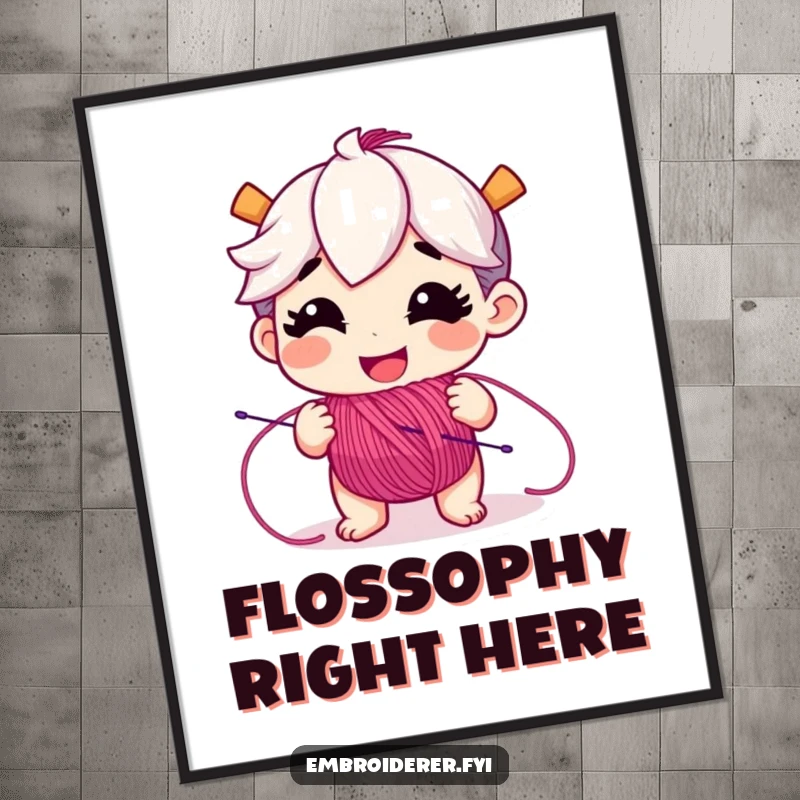 Funny digital art print of a grinning character unspooling a vibrant assortment of embroidery floss, perfect for home decor.